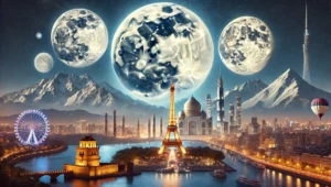 Here Is The Image Of A Stunning Supermoon Seen From Various Parts Of The World, With Landmarks Like The Eiffel Tower, Great Wall Of China, And Pyramids Of Egypt Illuminated By The Moon. The Serene Landscape Captures The Beauty And Grandeur Of This Celestial Event Across Diverse Environments.