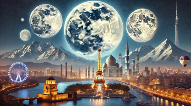Here Is The Image Of A Stunning Supermoon Seen From Various Parts Of The World, With Landmarks Like The Eiffel Tower, Great Wall Of China, And Pyramids Of Egypt Illuminated By The Moon. The Serene Landscape Captures The Beauty And Grandeur Of This Celestial Event Across Diverse Environments.