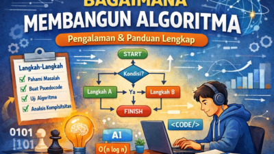 Ilustrasi Proses Membangun Algoritma Secara Sistematis, Menampilkan Flowchart, Langkah-Langkah Logis, Dan Programmer Yang Sedang Menyusun Algoritma Di Laptop.