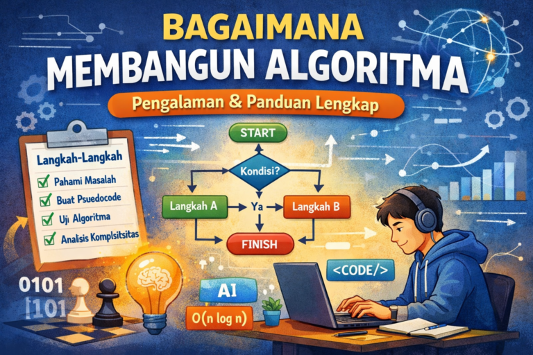 Ilustrasi Proses Membangun Algoritma Secara Sistematis, Menampilkan Flowchart, Langkah-Langkah Logis, Dan Programmer Yang Sedang Menyusun Algoritma Di Laptop.