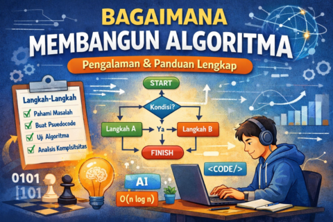 Ilustrasi Proses Membangun Algoritma Secara Sistematis, Menampilkan Flowchart, Langkah-Langkah Logis, Dan Programmer Yang Sedang Menyusun Algoritma Di Laptop.