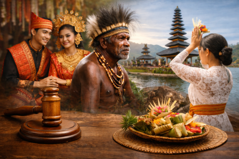 Potret Aturan Adat Di Indonesia Keberagaman Budaya Indonesia Yang Menampilkan Pasangan Adat Batak, Tokoh Adat Papua, Dan Perempuan Bali Sedang Berdoa Dengan Sesajen Di Depan Pura, Menggambarkan Aturan Adat Di Indonesia, Hukum Adat Di Indonesia, Serta Adat Istiadat Indonesia Yang Masih Berlaku.